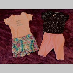 LOT of FOUR - 2 Carter's bodysuits and two shorts - 12 months girls plaid hearts
